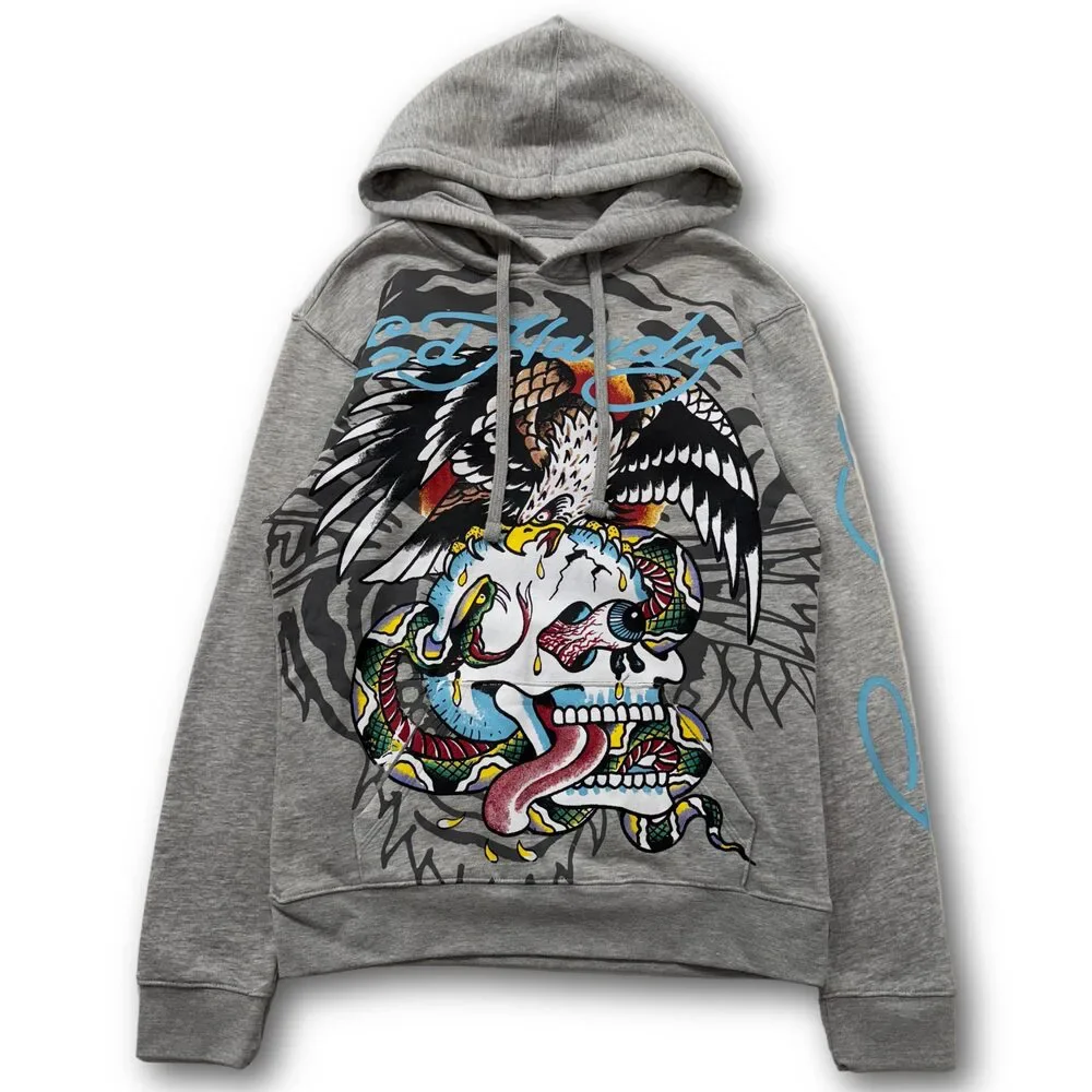 ED HARDY “Flying Skull” GREY PULLOVER HOODIE - Picture 2 of 8